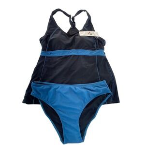 Stylish Swimwear Black & Blue Tankini Swimsuit Top & Bottom Set - Women's L